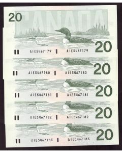 5x 1991 Canada $20 banknotes Theissen Crow  AIE5467179-83 GEM UNC EPQ